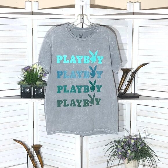 PLAYBOY Other - Playboy T-Shirt Cotton Gray Blue Bunny Logo Short Sleeves M